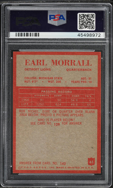 1965 Philadelphia FB Card # 65 Earl Morrall Detroit Lions PSA 8 NM-MT (MGD2)