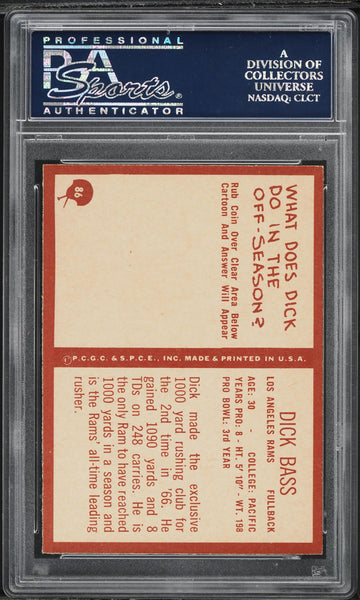 1967 Philadelphia FB Card # 86 Dick Bass Los Angeles Rams PSA 9 MINT (MGD2)