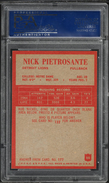 1965 Philadelphia FB Card # 66 Nick Pietrosante Detroit Lions PSA 8 NM-MT (MGD2)