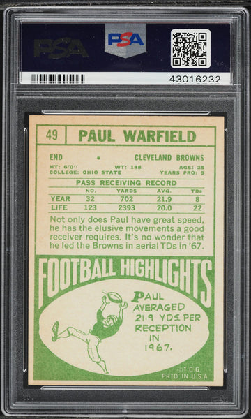 1968 Topps FB Card # 49 Paul Warfield Cleveland Browns HOF PSA 8 NM-MT (MGD2)