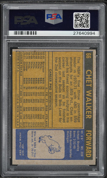 1971 Topps BkB Card # 66 Chet Walker Chicago Bulls HOF VARIATION PSA 9 MINT (MGD2) (Copy)