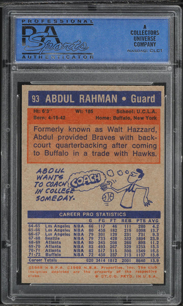 1972 Topps BkB Card # 93 Abdul Rahman Buffalo Braves PSA 9 MINT (MGD2)