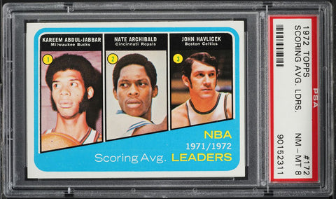 1972 Topps BkB Card #172 Archibald Havlicek Kareem Abdul-Jabbar LDRS PSA 8 NM-MT (MGD2)