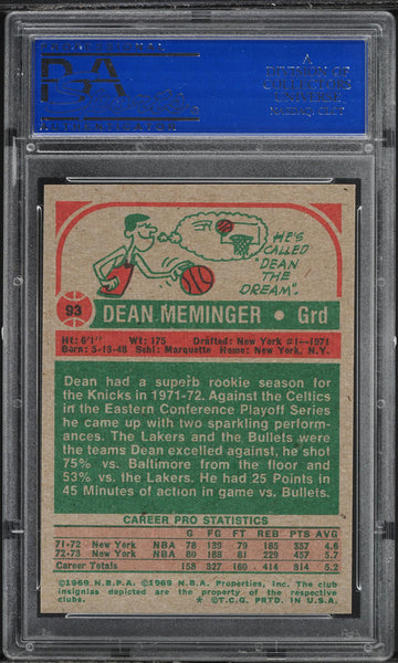 1973 Topps BkB Card # 93 Dean Meminger New York Knicks PSA 9 MINT (MGD2)