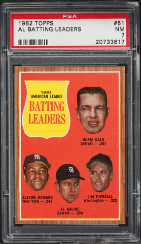 1962 Topps BB Card # 51 Al Kaline Norm Cash Elston Howard AL BATTING LDRS PSA 7 (MGD2)