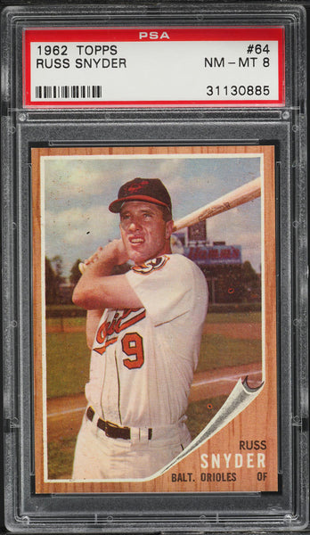 1962 Topps BB Card # 64 Russ Snyder Baltimore Orioles PSA 8 NM-MT (MGD2)