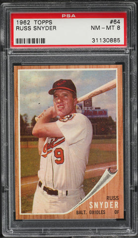 1962 Topps BB Card # 64 Russ Snyder Baltimore Orioles PSA 8 NM-MT (MGD2)