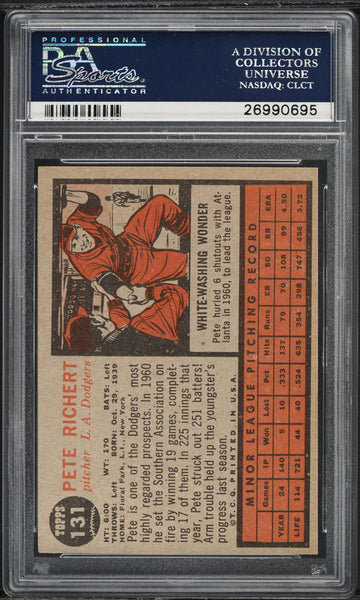1962 Topps BB Card #131 Pete Richert Los Angeles Dodgers ROOKIE RC PSA 8 NM-MT (MGD2)
