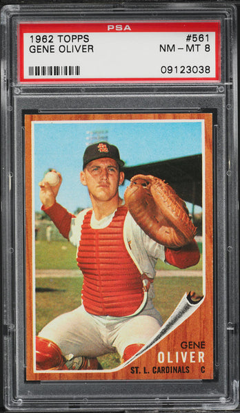 1962 Topps BB Card #561 Gene Oliver St. Louis Cardinals SP PSA 8 NM-MT (MGD2)