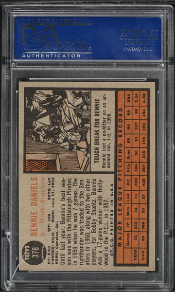 1962 Topps BB Card #378 Bennie Daniels Washington Senators PSA 8 NM-MT (MGD2)