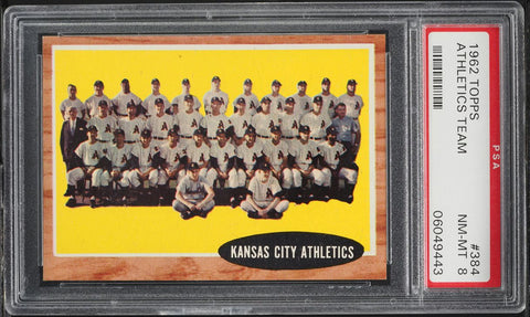 1962 Topps BB Card #384 Kansas City Athletics TEAM CARD PSA 8 NM-MT (MGD2)
