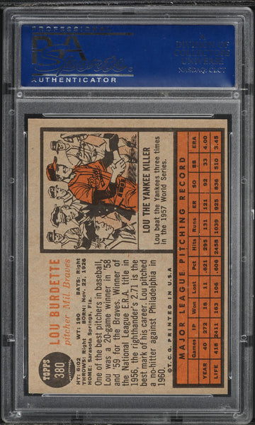 1962 Topps BB Card #380 Lou Burdette Milwaukee Braves HOF PSA 8 NM-MT (MGD2)
