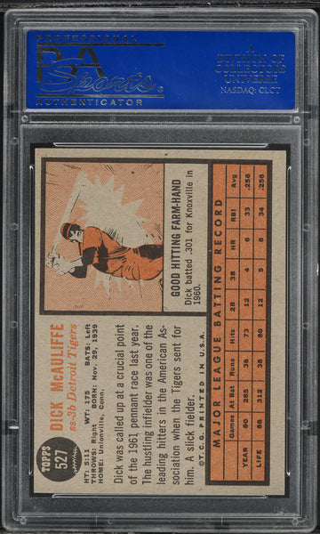 1962 Topps BB Card #527 Dick McAuliffe Detroit Tigers ROOKIE RC PSA 8 NM-MT (MGD2)