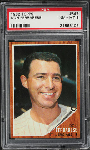 1962 Topps BB Card #547 Don Ferrarese St. Louis Cardinals PSA 8 NM-MT (MGD2)