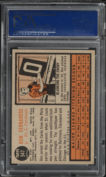 1962 Topps BB Card #547 Don Ferrarese St. Louis Cardinals PSA 8 NM-MT (MGD2)