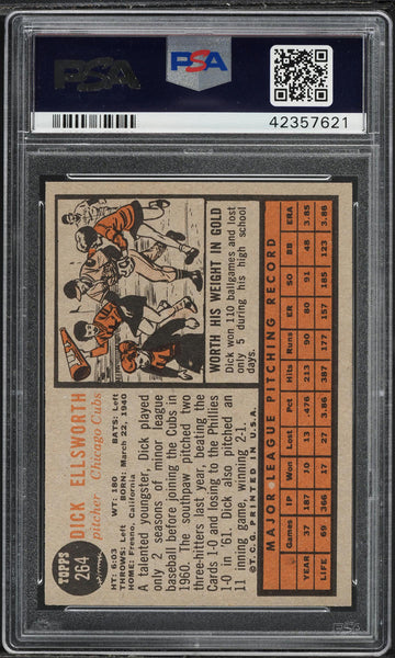 1962 Topps BB Card #264 Dick Ellsworth Chicago Cubs PSA 8 NM-MT (MGD2)
