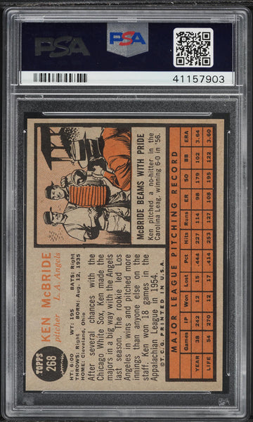 1962 Topps BB Card #268 Ken McBride Los Angeles Angels PSA 8 NM-MT (MGD2)
