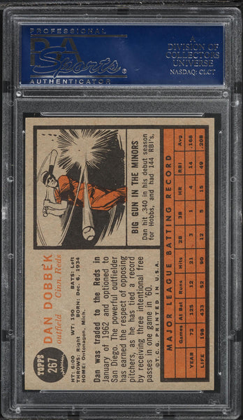 1962 Topps BB Card #267 Dan Dobbek Cincinnati Reds PSA 8 NM-MT (MGD2)