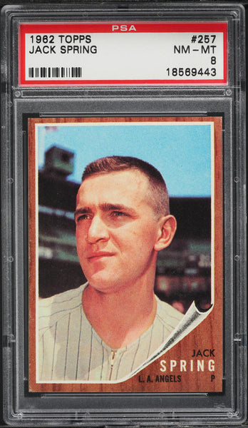 1962 Topps BB Card #257 Jack Spring Los Angeles Angels ROOKIE RC PSA 8 NM-MT (MGD2)