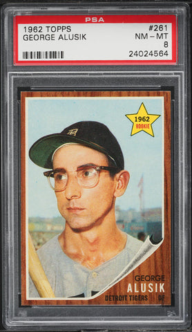 1962 Topps BB Card #261 George Alusik Detroit Tigers STAR ROOKIE RC PSA 8 NM-MT (MGD2)