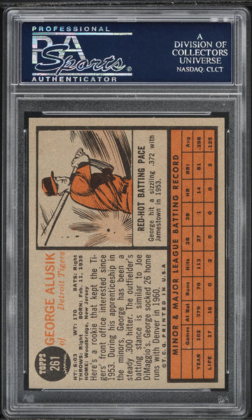 1962 Topps BB Card #261 George Alusik Detroit Tigers STAR ROOKIE RC PSA 8 NM-MT (MGD2)