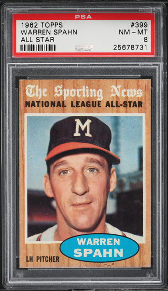 1962 Topps BB Card #399 Warren Spahn Milwaukee Braves HOF ALL-STAR PSA 8 NM-MT (MGD2)