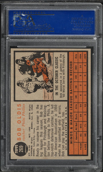 1962 Topps BB Card #269 Bob Oldis Philadelphia Phillies PSA 8 NM-MT (MGD2)