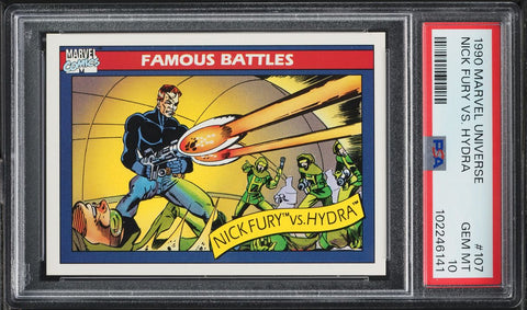 1990 Impel Marvel Universe Card #107 Nick Fury Vs. Hydra PSA 10 GEM MINT (MGD2)