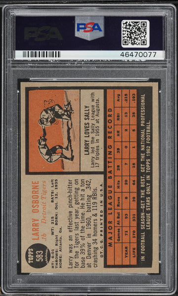 1962 Topps BB Card #583 Larry Osborne Detroit Tigers PSA 8 NM-MT (MGD2)