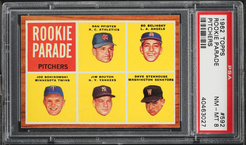 1962 Topps BB Card #592 Jim Bouton New York Yankees ROOKIE RC PSA 8 NM-MT (MGD2)