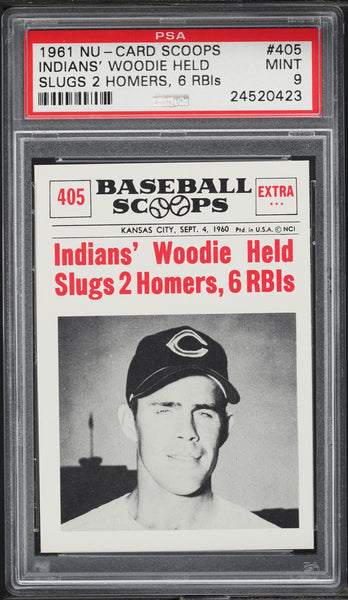 1961 Nu-Card Scoops BB Card #405 Woodie Held SLUGS 2 HOMERS PSA 9 MINT (MGD2)