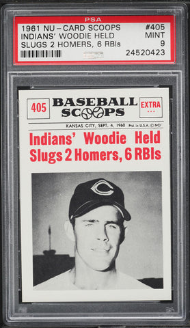 1961 Nu-Card Scoops BB Card #405 Woodie Held SLUGS 2 HOMERS PSA 9 MINT (MGD2)