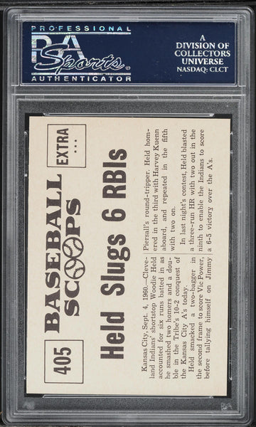 1961 Nu-Card Scoops BB Card #405 Woodie Held SLUGS 2 HOMERS PSA 9 MINT (MGD2)