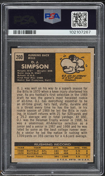 1971 Topps FB Card #260 O.J. Simpson Buffalo Bills HOF PSA 6 EXMT (MGD2)