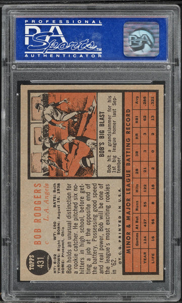 1962 Topps BB Card #431 Bob Rodgers Los Angeles Angels ROOKIE RC PSA 8 NM-MT (MGD2)