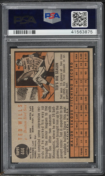 1962 Topps BB Card #444 Ted Wills Boston Red Sox PSA 8 NM-MT (MGD2)