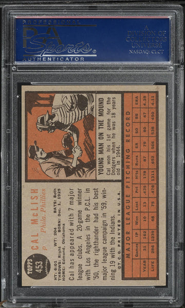 1962 Topps BB Card #453 Cal McLish Philadelphia Phillies PSA 8 NM-MT (MGD2)