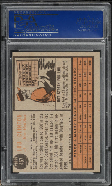 1962 Topps BB Card #457 Lou Clinton Boston Red Sox PSA 8 NM-MT (MGD2)