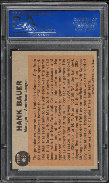 1962 Topps BB Card #463 Hank Bauer Kansas City Athletics MGR PSA 8 NM-MT (MGD2)