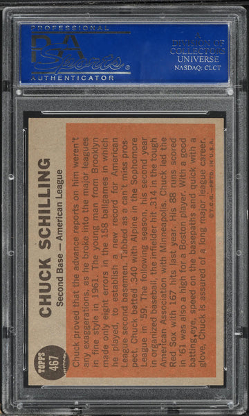 1962 Topps BB Card #467 Chuck Schilling Boston Red Sox ALL-STAR PSA 8 NM-MT (MGD2)