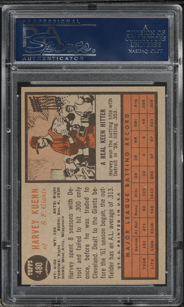 1962 Topps BB Card #480 Harvey Kuenn San Francisco Giants PSA 8 NM-MT (MGD2)
