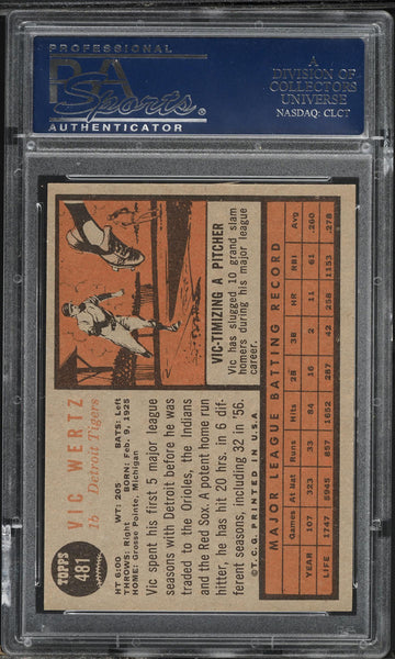 1962 Topps BB Card #481 Vic Wertz Detroit Tigers PSA 8 NM-MT (MGD2)