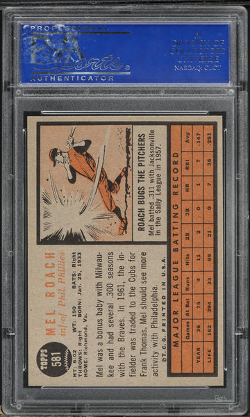1962 Topps BB Card #581 Mel Roach Philadelphia Phillies PSA 8 NM-MT (MGD2)