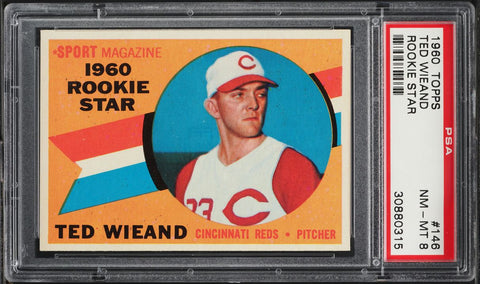 1960 Topps BB Card #146 Ted Wieand Cincinnati Reds ROOKIE RC PSA 8 NM-MT (MGD2)