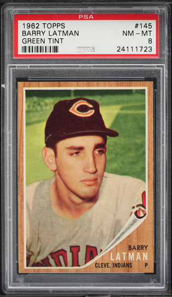 1962 Topps BB Card #145 Barry Latman Cleveland Indians GREEN TINT PSA 8 NM-MT (MGD2)