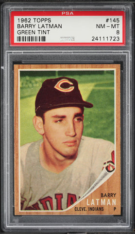 1962 Topps BB Card #145 Barry Latman Cleveland Indians GREEN TINT PSA 8 NM-MT (MGD2)