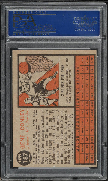 1962 Topps BB Card #187 Gene Conley Boston Red Sox PSA 8 NM-MT (MGD2)