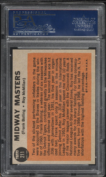 1962 Topps BB Card #211 Frank Bolling Roy McMillan MIDWAY MASTERS PSA 8 NM-MT (MGD2)