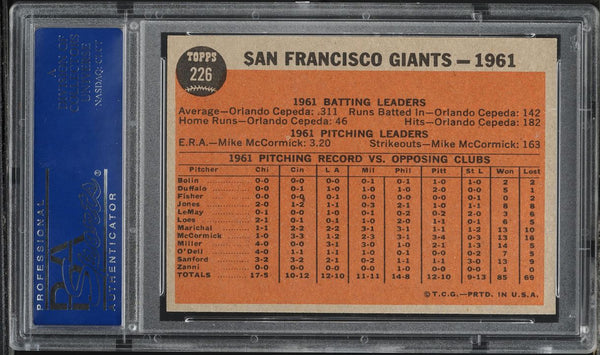 1962 Topps BB Card #226 San Francisco Giants TEAM CARD PSA 8 NM-MT (MGD2)