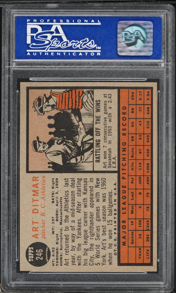 1962 Topps BB Card #246 Art Ditmar Kansas City Athletics PSA 8 NM-MT (MGD2)